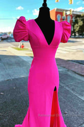 Deep V-Neck Hot Pink Mermaid Long Semi Formal Prom Dress With Balloon Sleeves